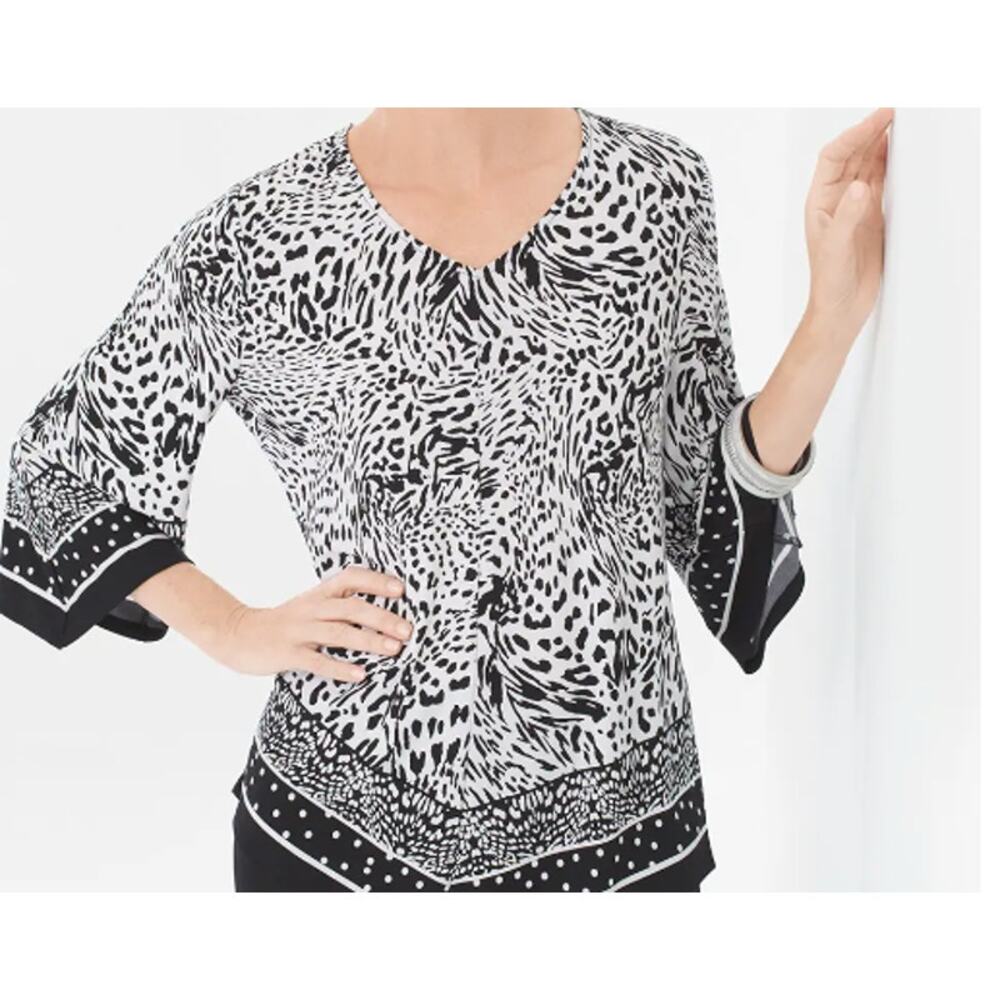 Chicos Dotted Black Animal Asymmetrical Top Size 2